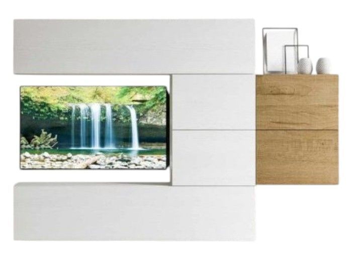 Mur TV modulable suspendu design blanc et naturel Lina L 234 cm - 6 pièces - Photo n°1