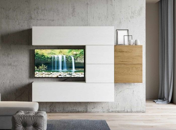 Mur TV modulable suspendu design blanc et naturel Lina L 234 cm - 6 pièces - Photo n°1