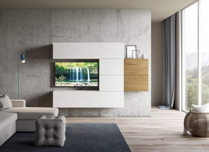 Mur TV modulable suspendu design blanc et naturel Lina L 234 cm - 6 pièces - Photo n°3
