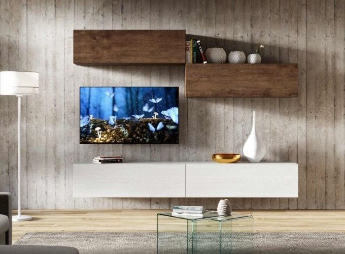 Meuble TV mural blanc et noyer koza L 268 cm - 4 pièces - Photo n°1