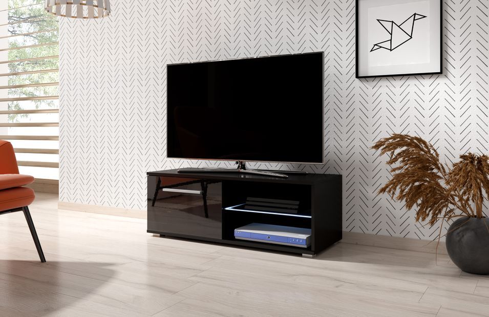 Meuble TV lumineux 1 porte noir et noir laqué Roxel 100 cm - Photo n°3