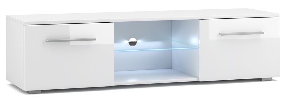 Meuble TV lumineux 2 portes blanc et blanc laqué Roxel 140 cm - Photo n°1