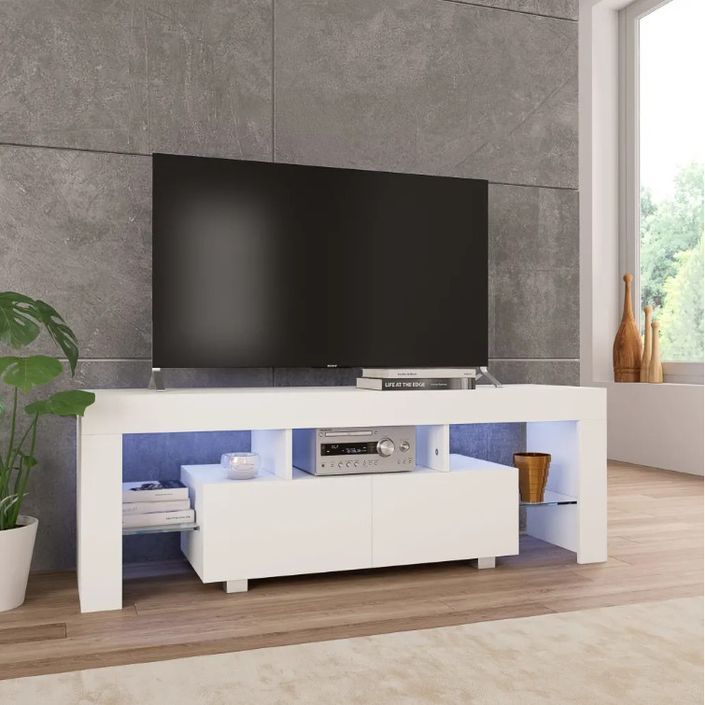 Meuble TV lumineux 2 tiroirs bois blanc brillant Dori - Photo n°2