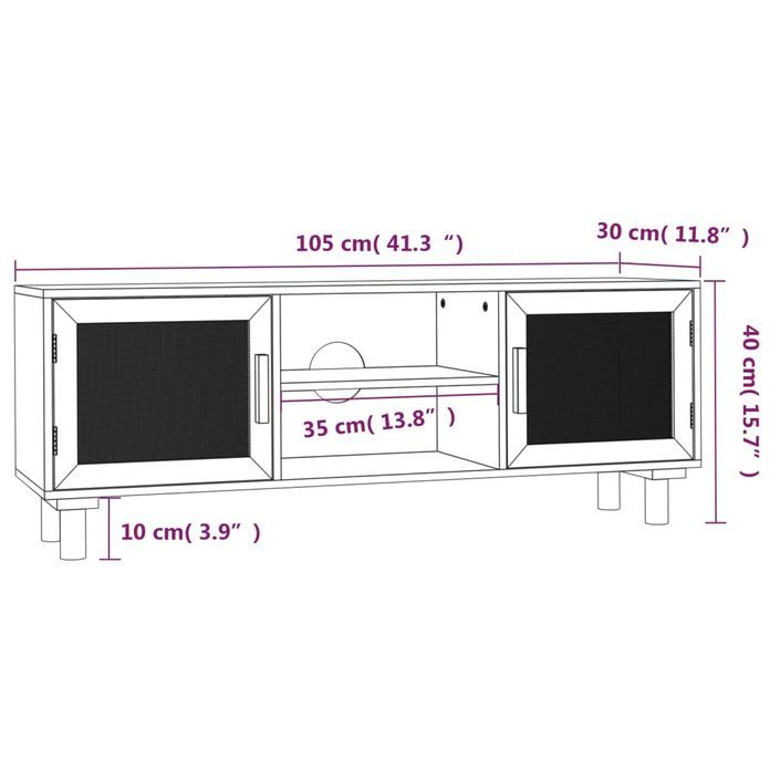 Meuble TV Marron 105x30x40 cm Bois de pin massif rotin naturel - Photo n°8