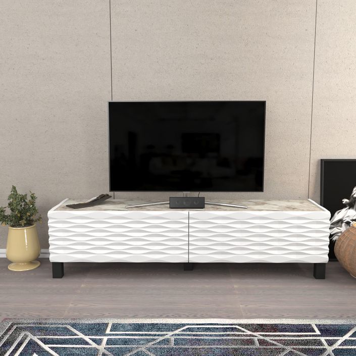 Meuble TV moderne 2 portes bois blanc et beige effet marbre Venuza 149 cm - Photo n°2