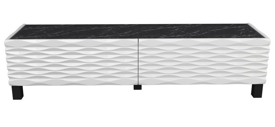 Meuble TV moderne 2 portes bois blanc et noir effet marbre Venuza 149 cm - Photo n°1