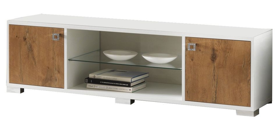 Meuble TV moderne bois Oak et blanc brillant Sting 160 cm - Photo n°1