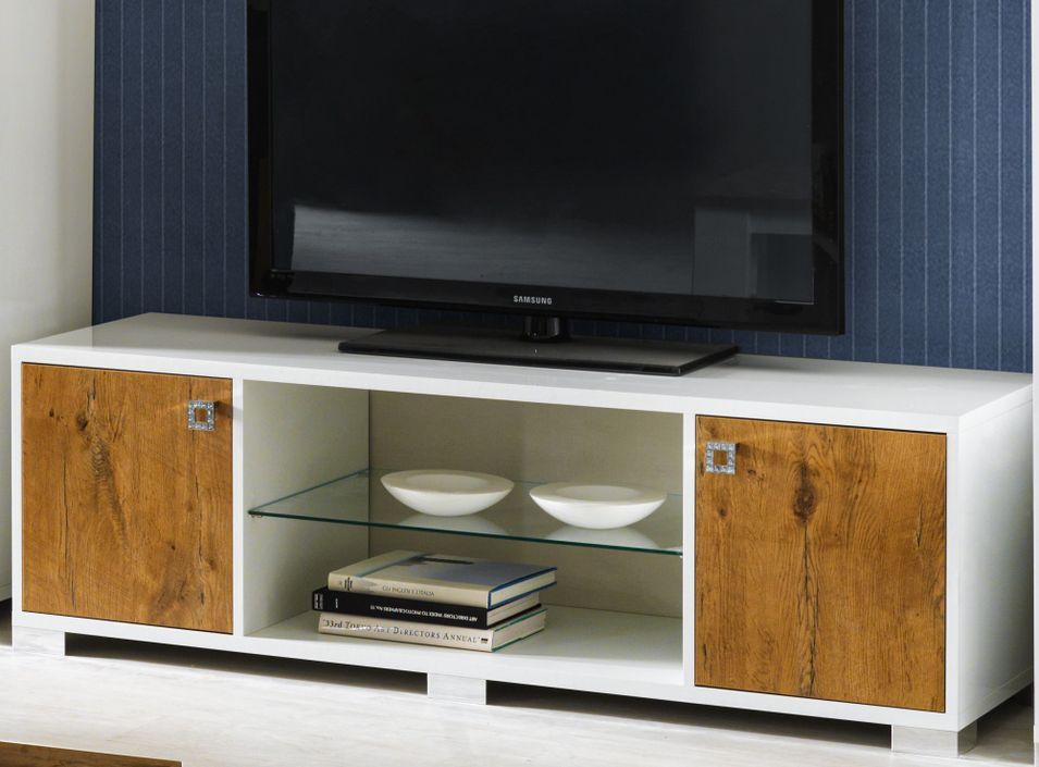 Meuble TV moderne bois Oak et blanc brillant Sting 160 cm - Photo n°4