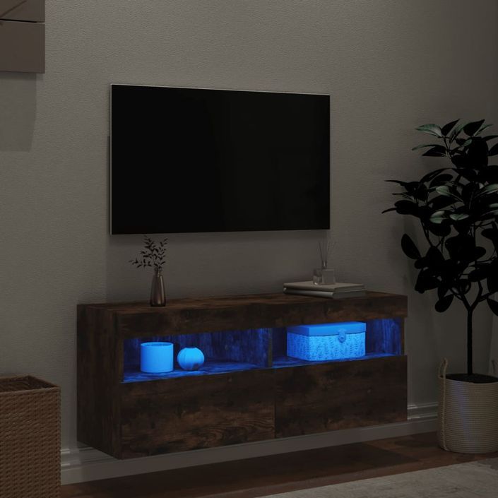 Meuble TV mural avec lumières LED chêne fumé 100x30x40 cm - Photo n°4