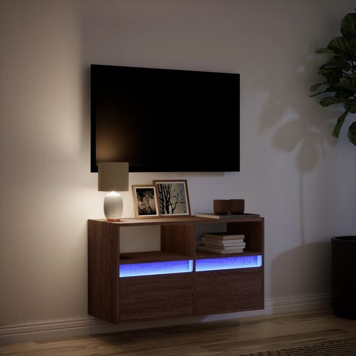 Meuble TV mural avec lumières LED chêne marron 80x31x45 cm - Photo n°5