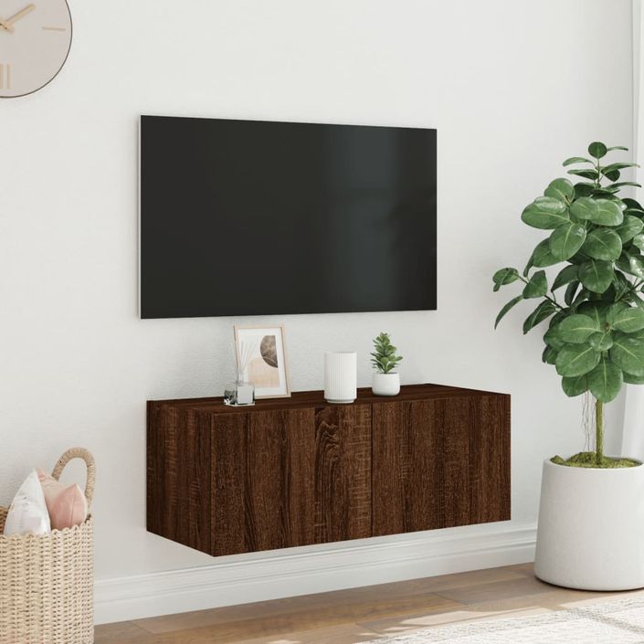 Meuble TV mural avec lumières LED chêne marron 80x35x31 cm - Photo n°4