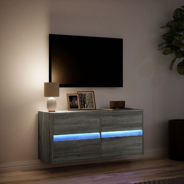 Meuble TV mural avec lumières LED sonoma gris 100x31x45 cm - Photo n°5