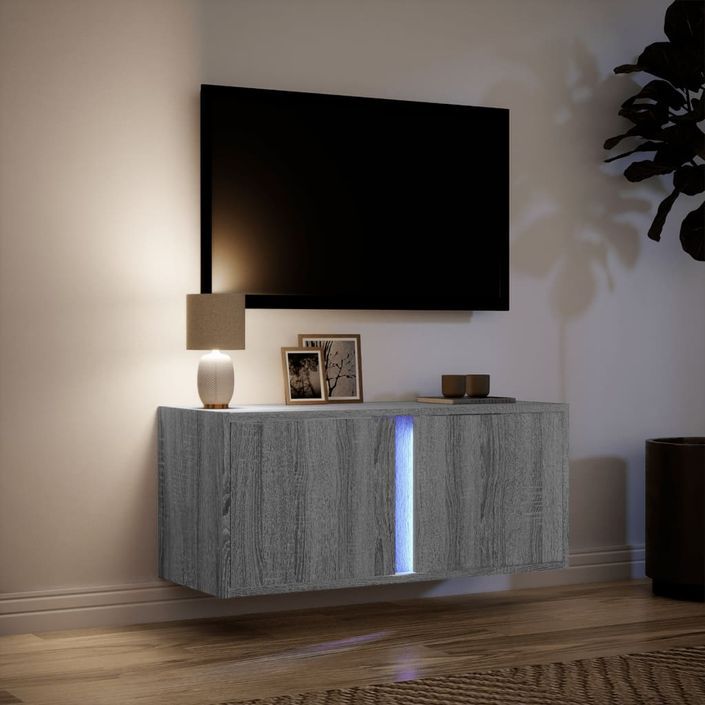 Meuble TV mural avec lumières LED sonoma gris 80x31x35 cm - Photo n°5