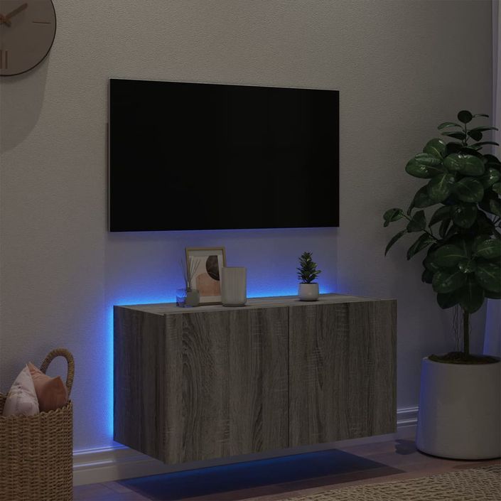 Meuble TV mural avec lumières LED sonoma gris 80x35x41 cm - Photo n°4