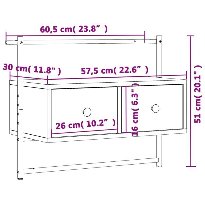 Meuble TV mural chêne sonoma 60,5x30x51 cm bois d'ingénierie - Photo n°9