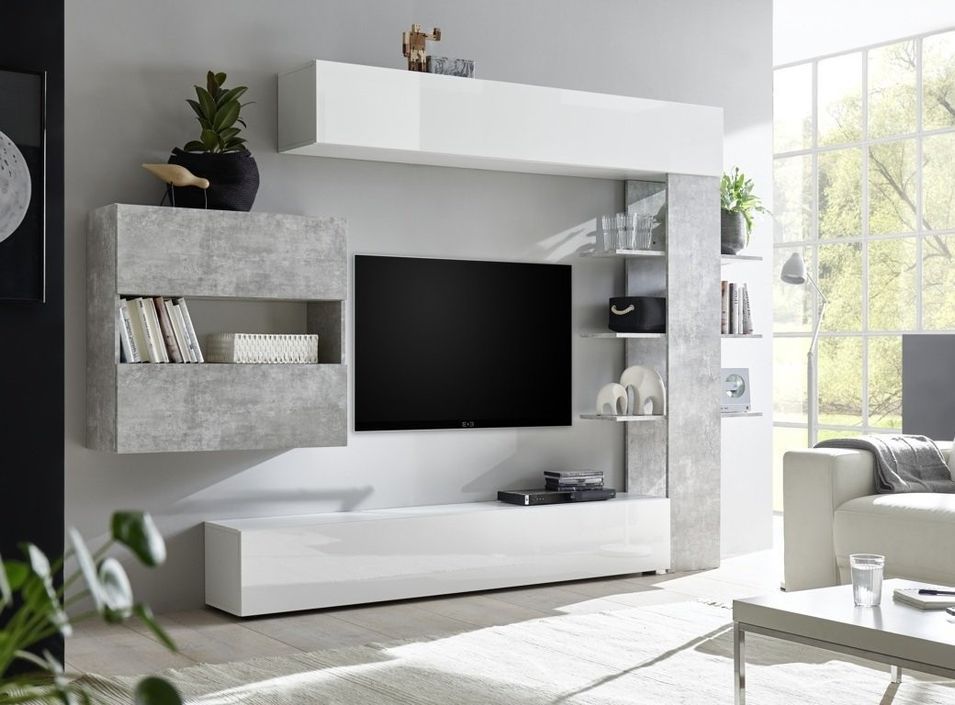 Meuble TV mural laqué blanc brillant et effet béton Raia L 260 cm - Photo n°3