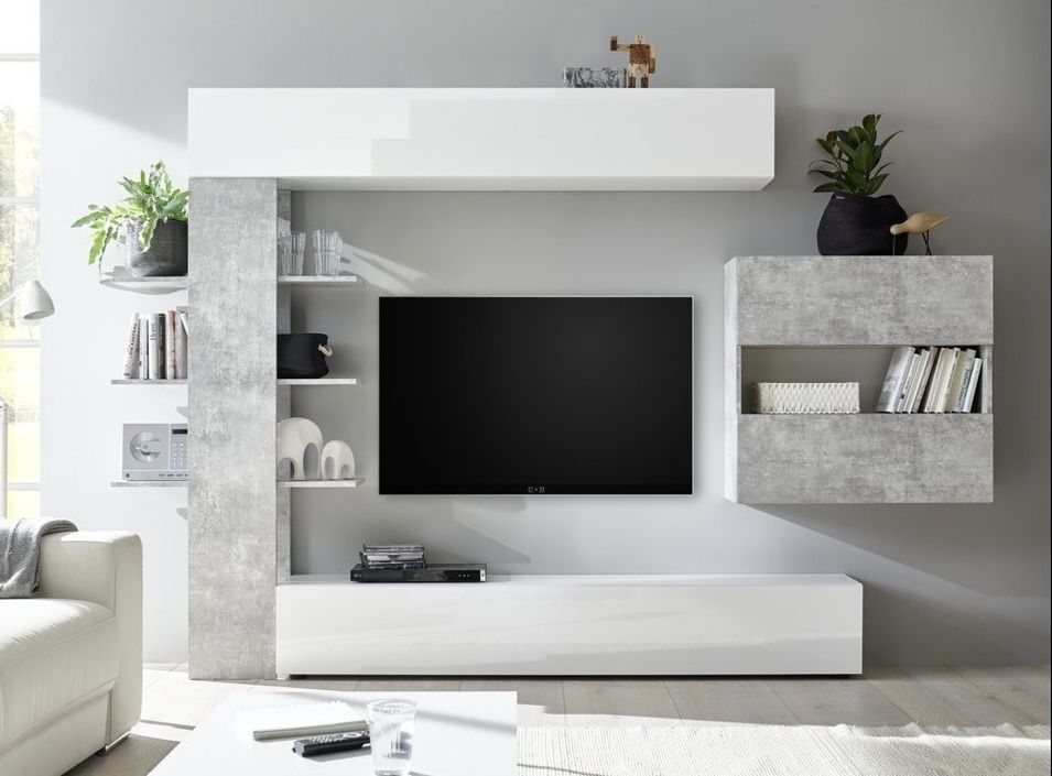 Meuble TV mural laqué blanc brillant et effet béton Raia L 260 cm - Photo n°1
