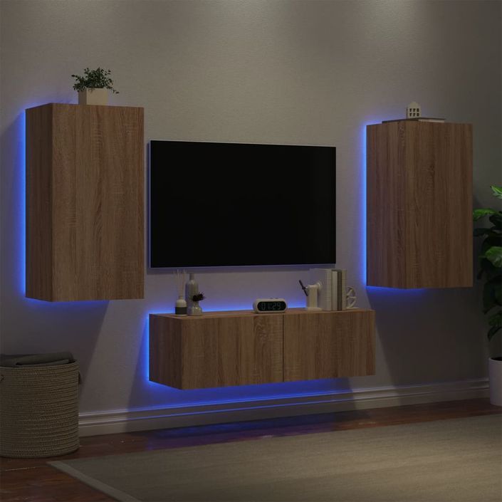 Meuble TV muraux 3 pcs avec lumières LED chêne sonoma - Photo n°4