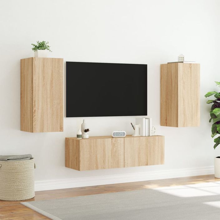 Meuble TV muraux 3 pcs avec lumières LED chêne sonoma - Photo n°5