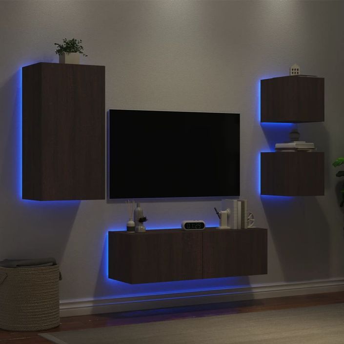 Meuble TV muraux 4 pcs avec lumières LED chêne marron - Photo n°4