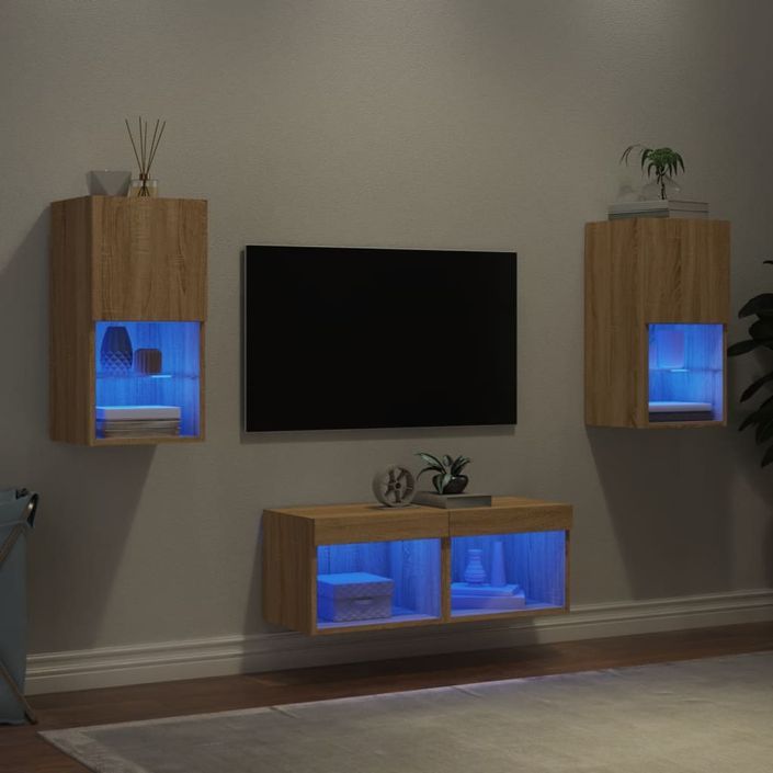 Meuble TV muraux 4 pcs avec lumières LED chêne sonoma - Photo n°4