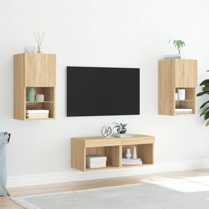 Meuble TV muraux 4 pcs avec lumières LED chêne sonoma - Photo n°5