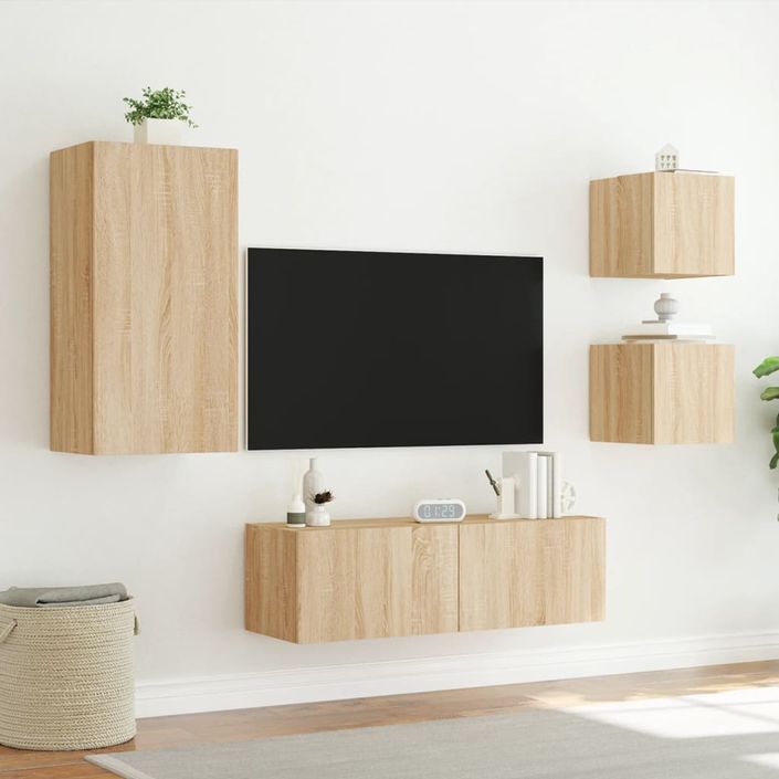 Meuble TV muraux 4 pcs avec lumières LED chêne sonoma - Photo n°5