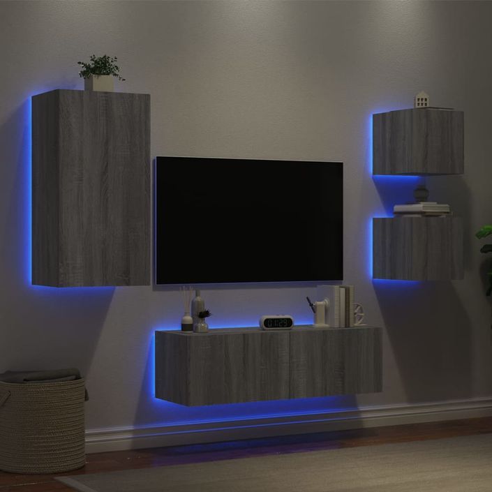 Meuble TV muraux 4 pcs avec lumières LED sonoma gris - Photo n°4