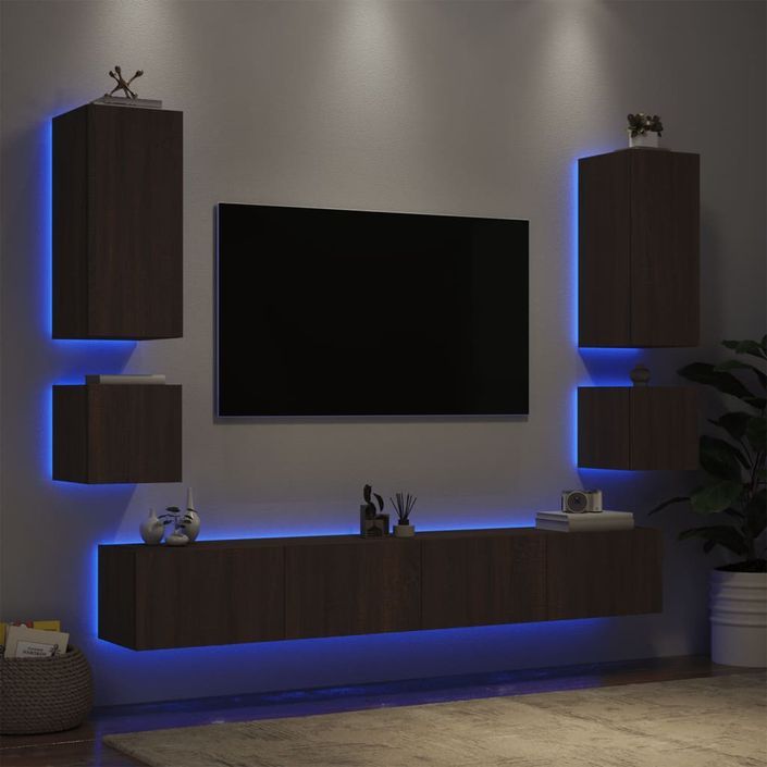 Meuble TV muraux 6 pcs avec lumières LED chêne marron - Photo n°5