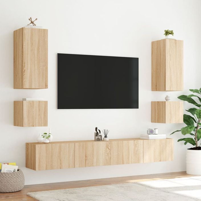 Meuble TV muraux 6 pcs avec lumières LED chêne sonoma - Photo n°5