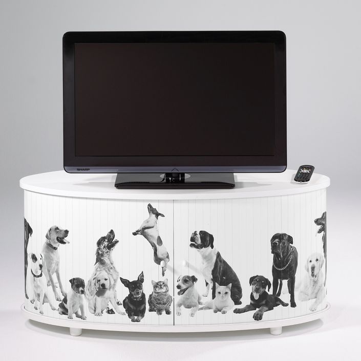 Meuble TV rideaux coulissants bois blanc imprimé animaux Desky - Photo n°1