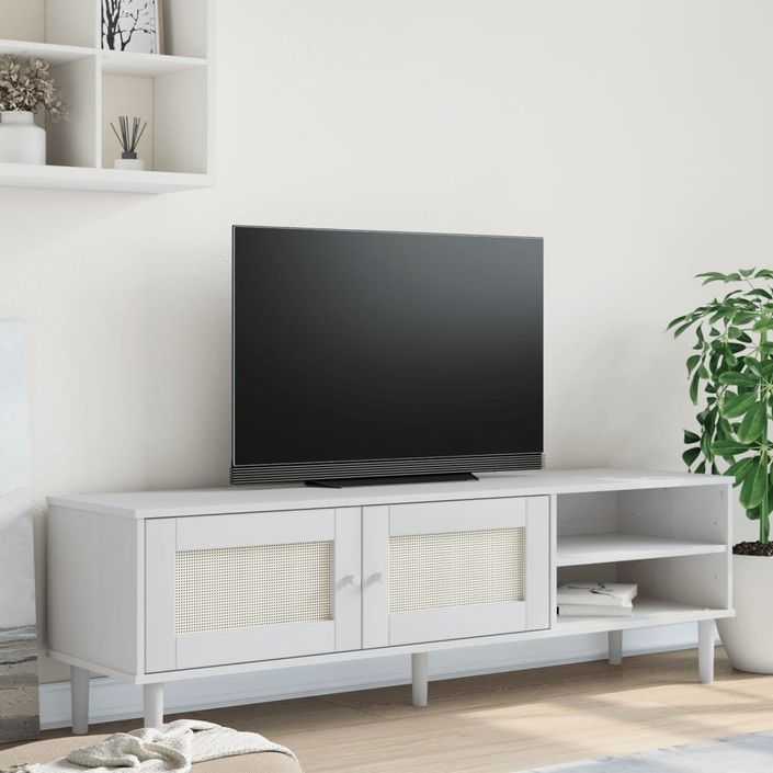 Meuble TV SENJA aspect rotin blanc 158x40x49cm bois massif pin - Photo n°2