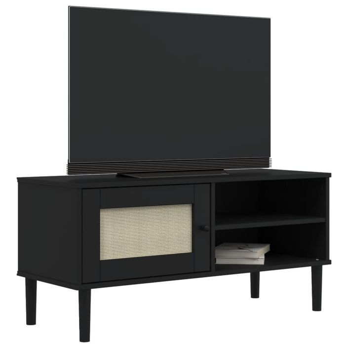 Meuble TV SENJA aspect rotin noir 106x40x49cm bois massif pin - Photo n°3