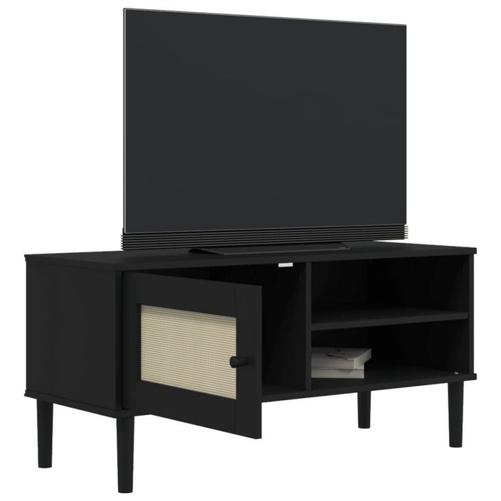 Meuble TV SENJA aspect rotin noir 106x40x49cm bois massif pin - Photo n°4