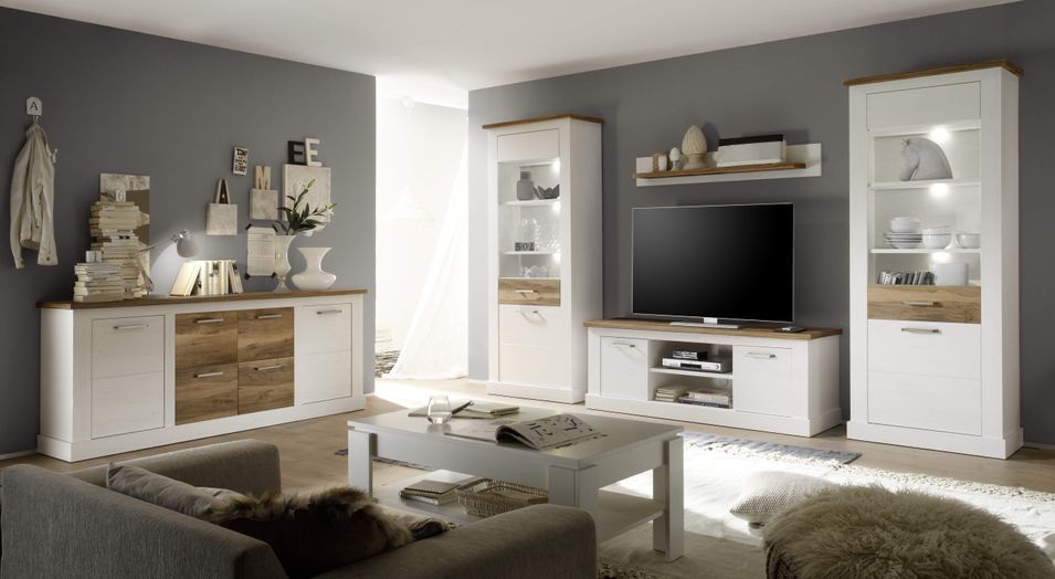 Meuble TV style maison de campagne pin blanc et noyer satiné Kampa 160 cm - Photo n°5