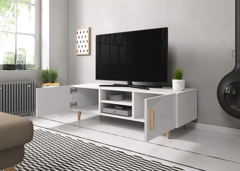 Meuble TV style scandinave 2 portes blanc mat et blanc laqué Kunamy 140 cm - Photo n°3