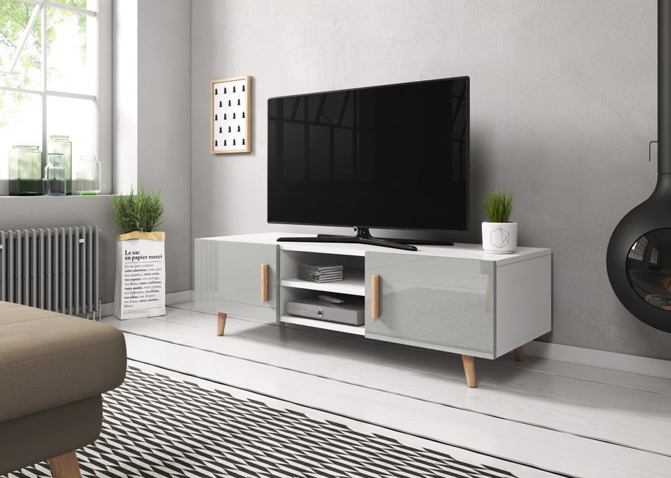 Meuble TV 2 portes blanc mat et gris laqué Kunamy 140 cm - Photo n°2