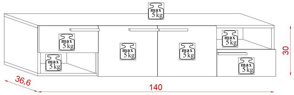 Meuble TV suspendu 2 portes 2 tiroirs noir Bobely 140 cm - Photo n°8