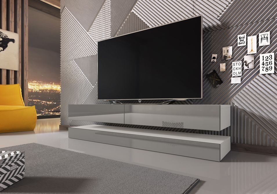 Meuble TV suspendu 2 tiroirs blanc mat et gris laqué Kapan 140 cm - Photo n°2