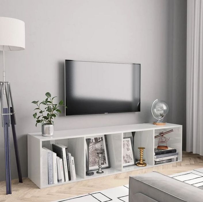 Meuble TV suspendu 4 niches bois blanc brillant Neone 143 cm - Photo n°3