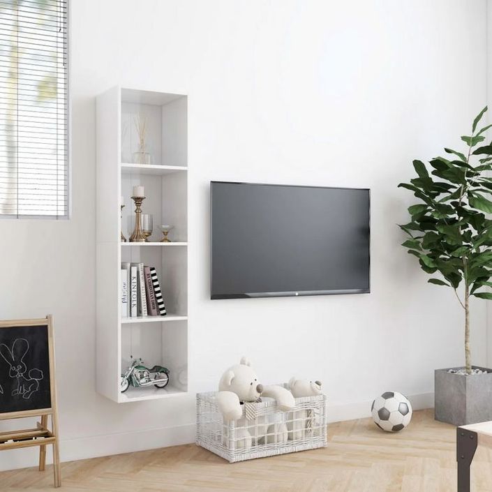 Meuble TV suspendu 4 niches bois blanc brillant Neone 143 cm - Photo n°4