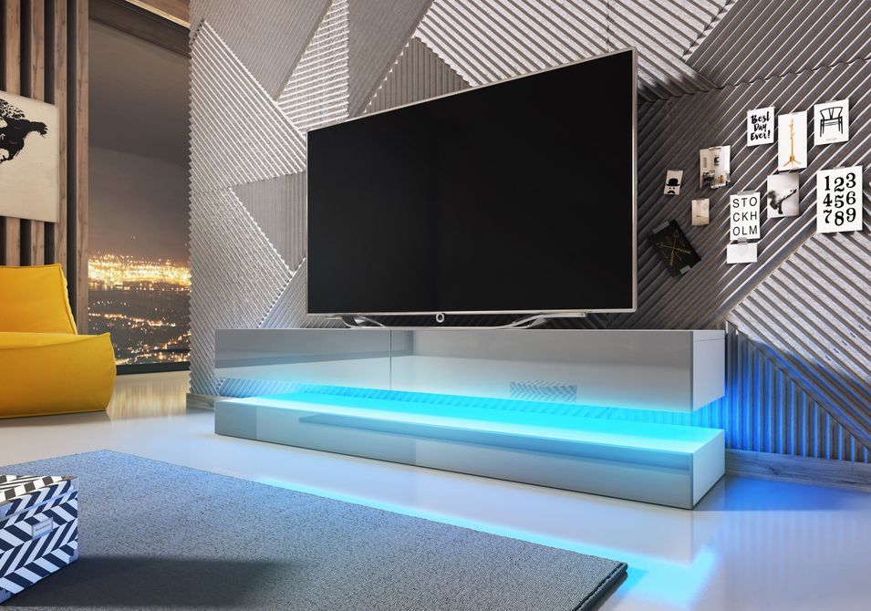 Meuble TV suspendu avec Led 2 tiroirs blanc mat et gris laqué Kapan 140 cm - Photo n°2