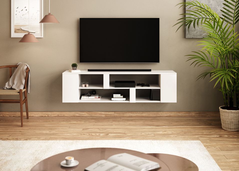 Meuble TV suspendu bois blanc avec étagères Espia 155 cm - Photo n°4