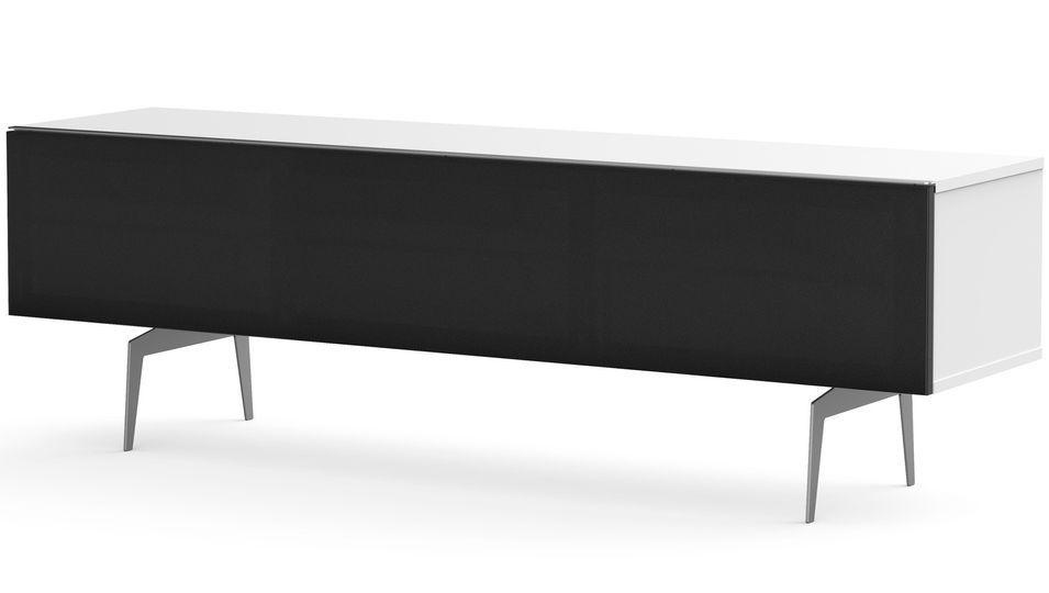 Meuble TV tissu acoustique noir et mélaminé blanc pieds métal Canberra 160 cm - Photo n°1