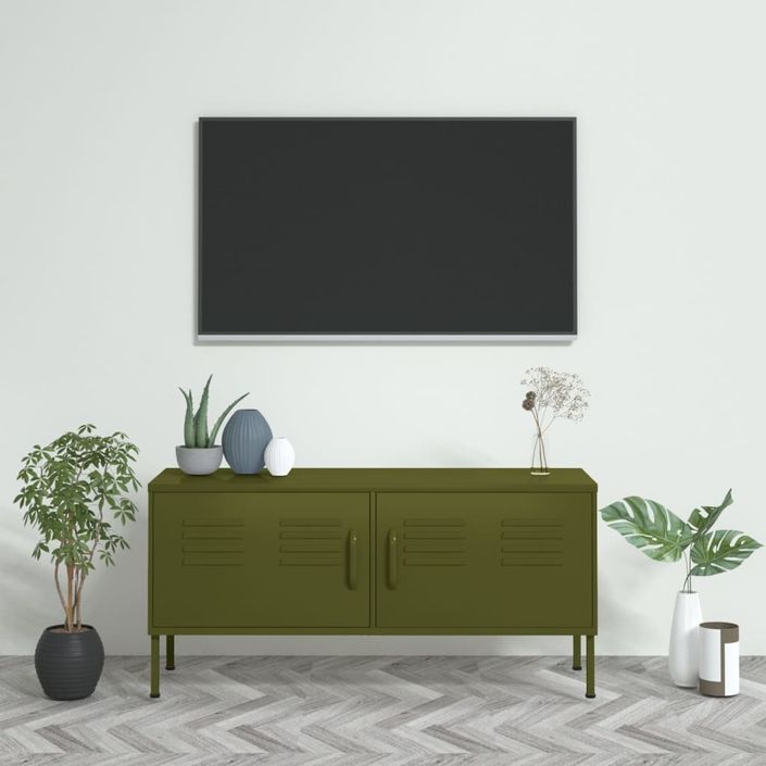 Meuble TV Vert olive 105x35x50 cm Acier 2 - Photo n°2