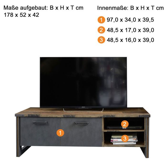 Meuble TV vintage vieux bois usé et gris avec rivets - Photo n°4