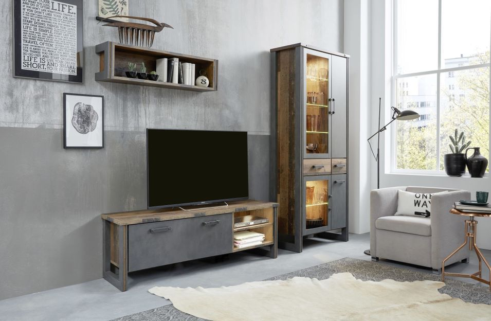 Meuble TV vintage vieux bois usé et gris avec rivets - Photo n°8