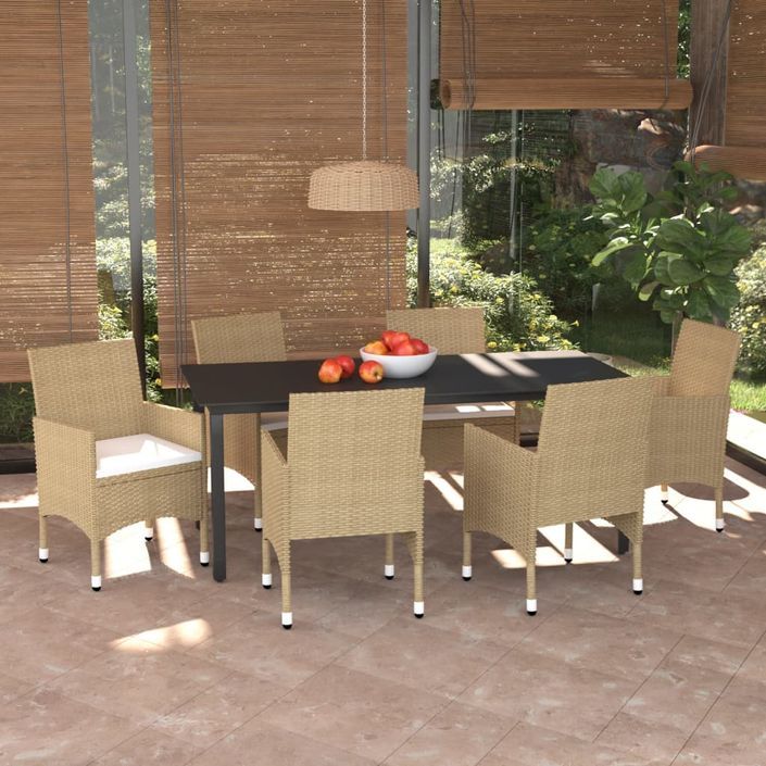 Meubles à dîner de jardin et coussins 7 pcs Poly rotin Beige 2 - Photo n°2