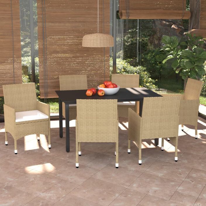 Meubles à dîner de jardin et coussins 7 pcs Poly rotin Beige - Photo n°2