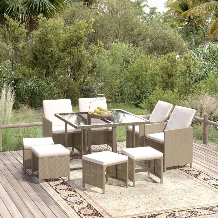 Meubles à dîner de jardin et coussins 9 pcs Poly rotin Beige - Photo n°1